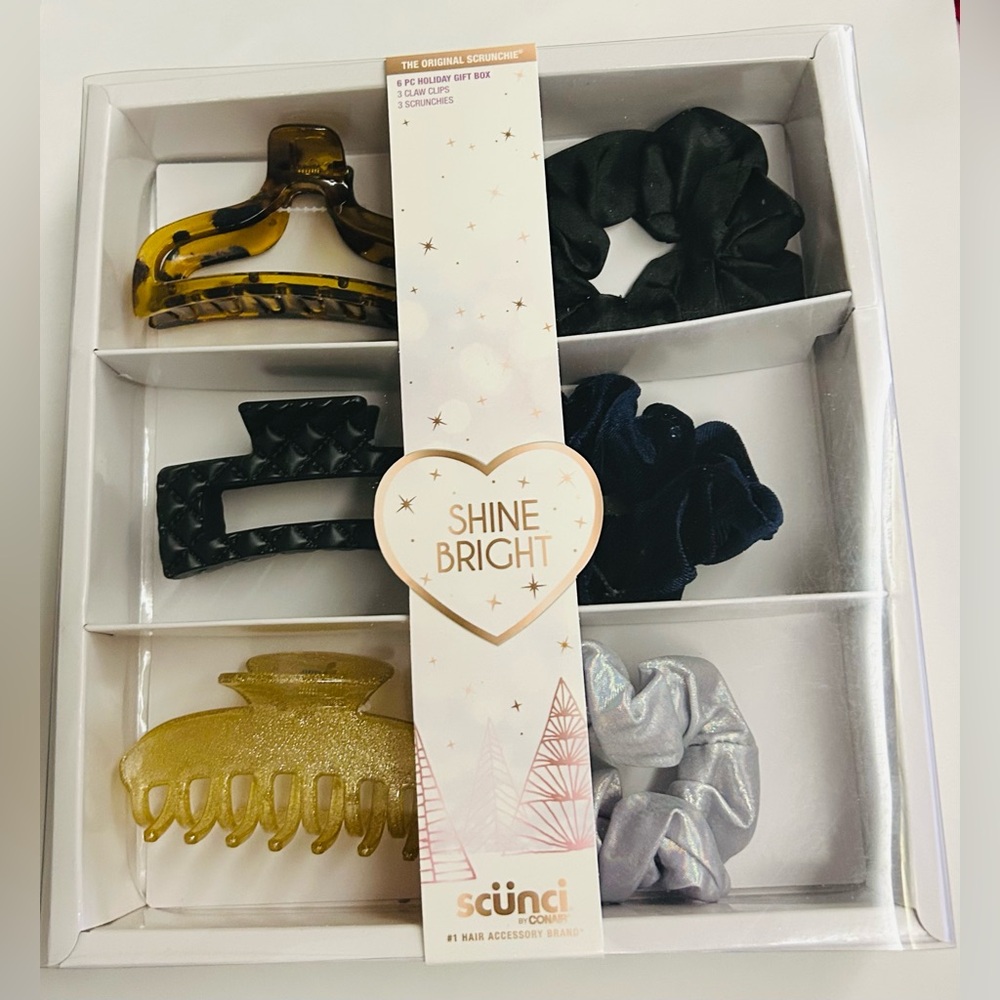 New Scunci 6 Piece Holiday Gift Box Shine Bright 3 Claw Clips 3 Scruncies Conair